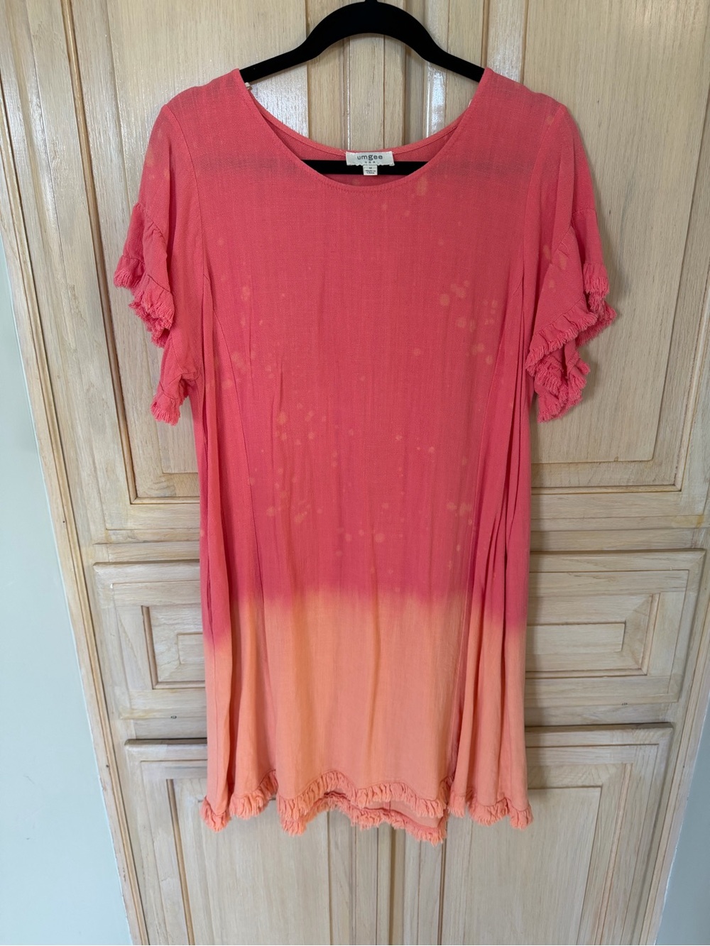 Coral to Apricot Ombre Ruffle Sleeve Tunic Dress with Pockets